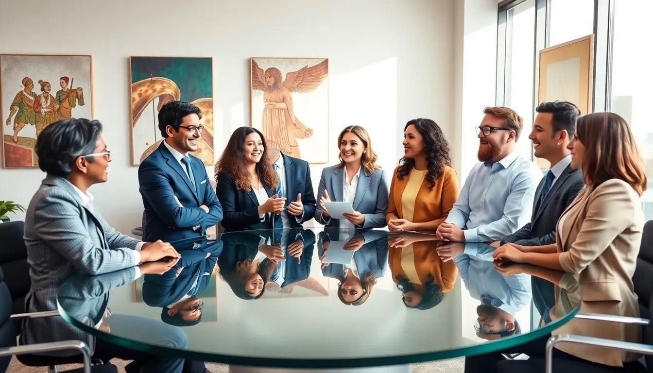 diverse professionals discussing cultural significance in a modern office.
